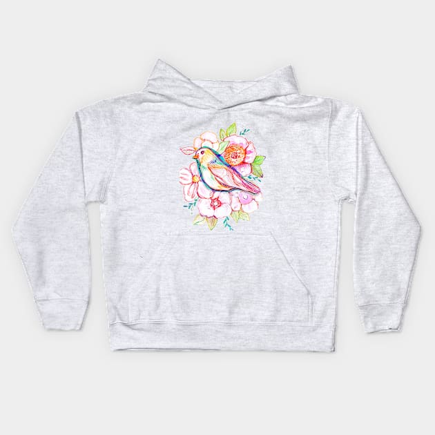 floral bird illustration with rainbow colors, peonies, pink flowers, pink bird, cute illustration Kids Hoodie by chandelier2137